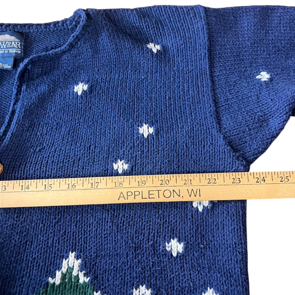 Rey Wear Hand Knit Vintage Christmas Cardigan Sweater Blue Santa Size Large - Picture 4 of 8